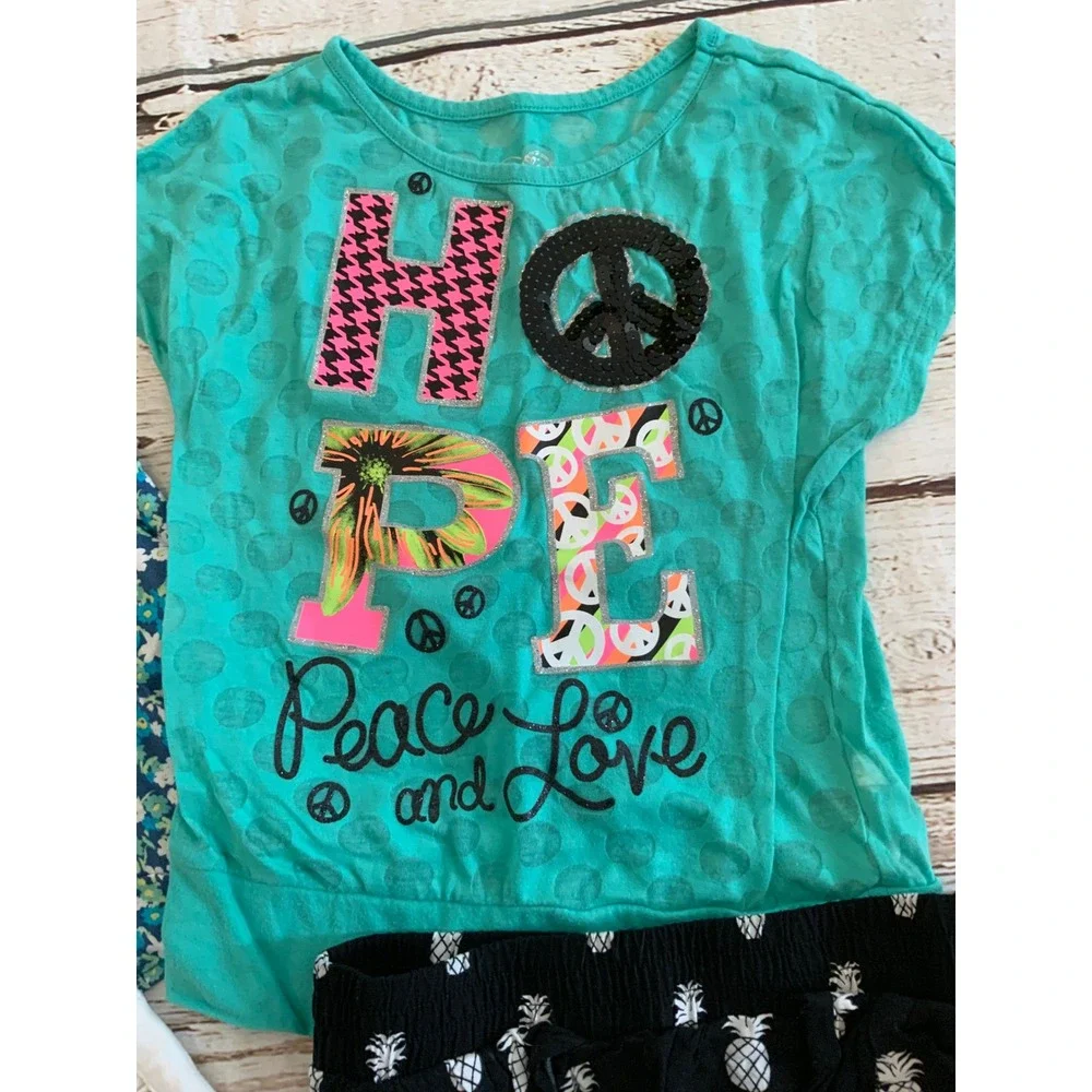 Justice Girls Lot Size 8 Hope Tee Floral Tank‎ White Lace Pineapple Shorts